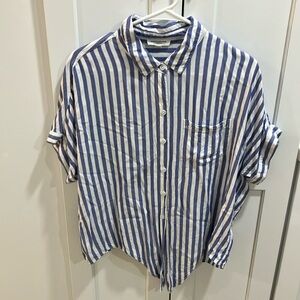 BeachLunchLounge Women's Blue White Striped Short Sleeve Button Down Shirt Top